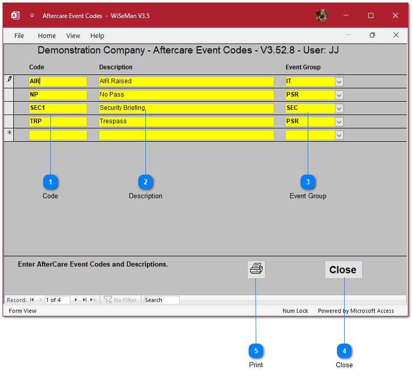 Aftercare Status or Action Codes