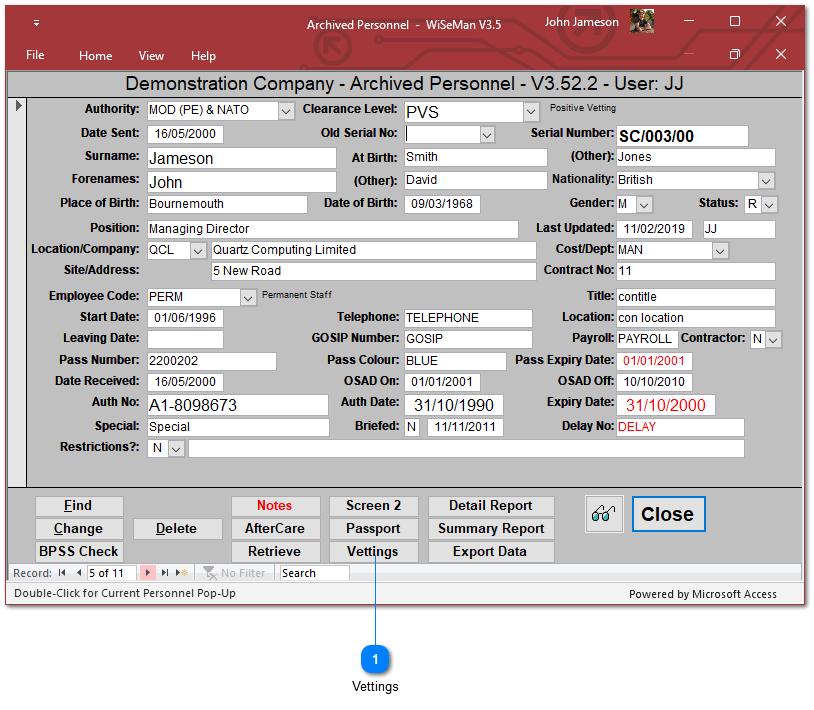 Archived Personnel: Vettings Entry