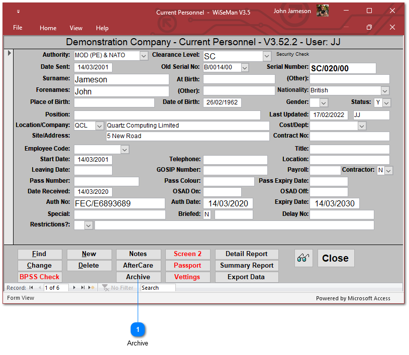 Current Personnel: Transferring an Individual to Archive