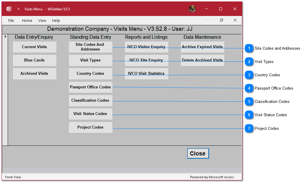 IVCO Visits System: Standing Data