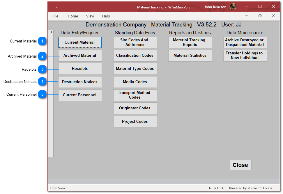 Material Tracking System: Data Entry / Enquiry