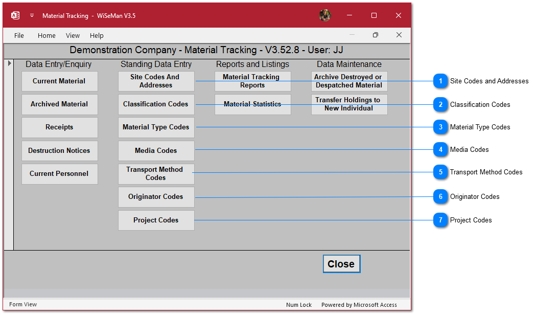 Material Tracking System: Standing Data